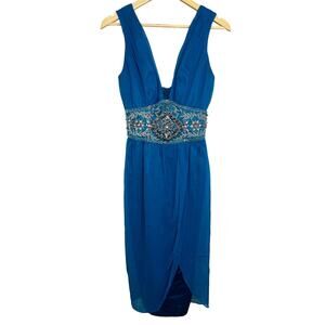 NWT Mandalay Turq Blue Silk Beaded Embellished Midi Evening Dress Womens Size 2